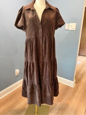 Crown & Ivy Brown Corduroy Tiered Midi Maxi Shirt Dress Puff Sleeve S